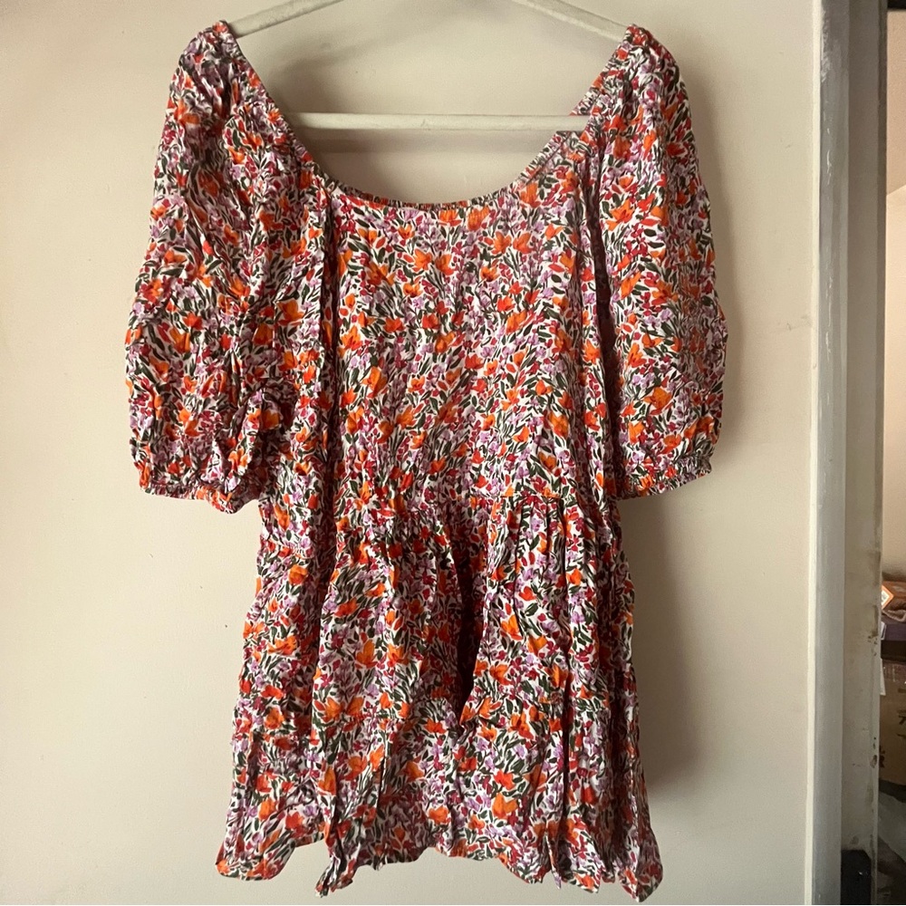 Terra & Sky Floral Blouse 2x Womens Plus Size Flowy Puff Sleeve